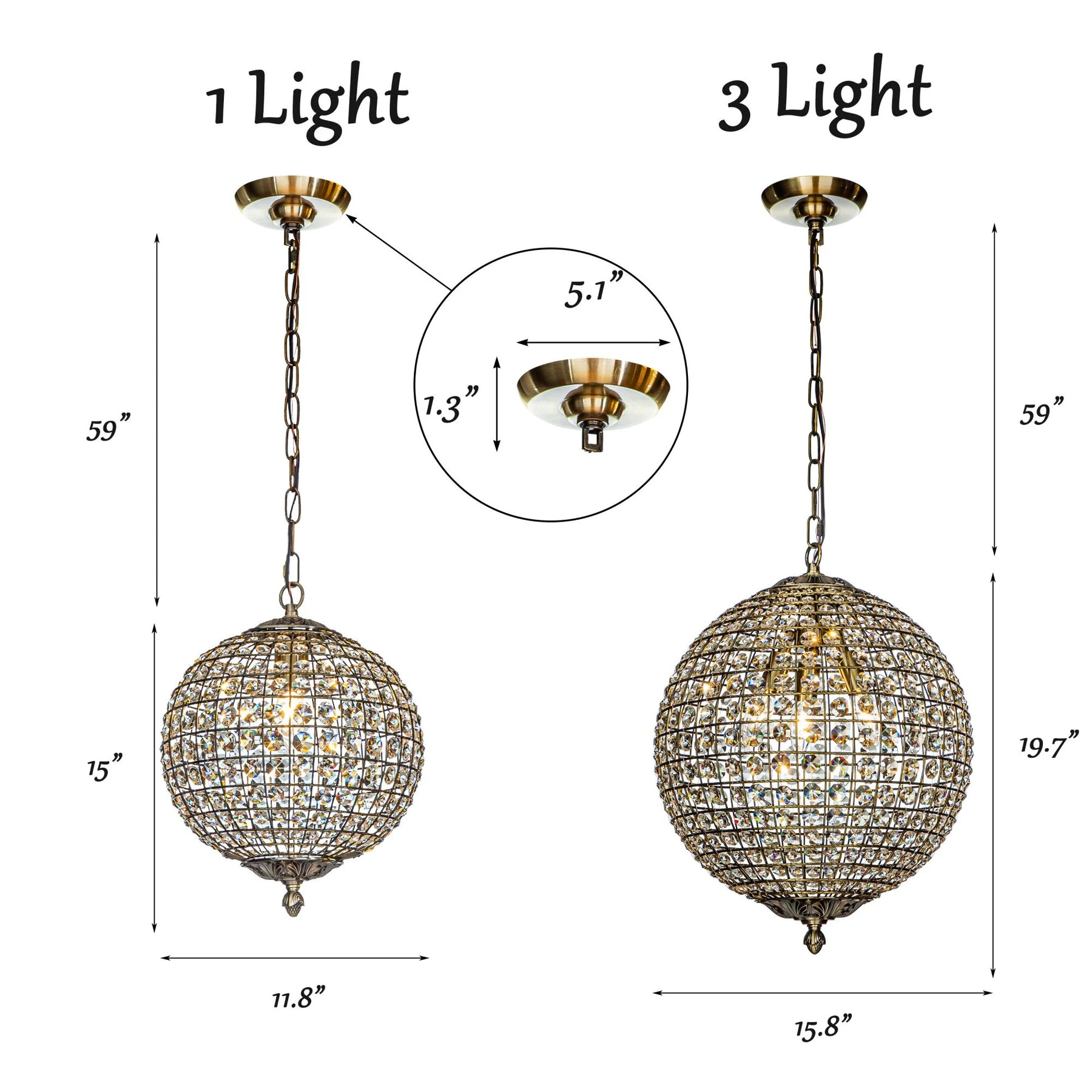 1 - Light 12" Retro Antique Gold Crystal Globe Chandelier Small Sphere Pendant Light