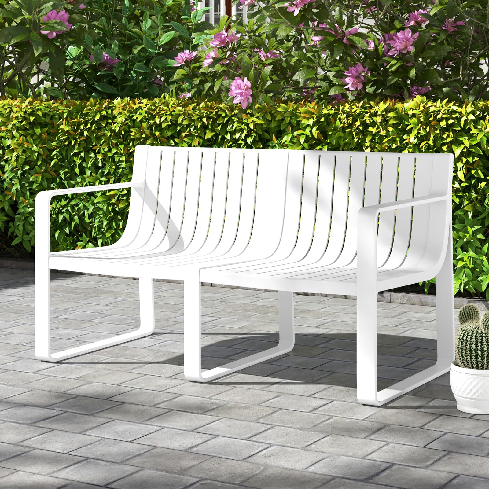 All-Weather Plastic Outdoor Patio Bench, 2-Person Garden Loveseat with Curved Backrest & Slatted Design for Backyard, Poolside, Deck