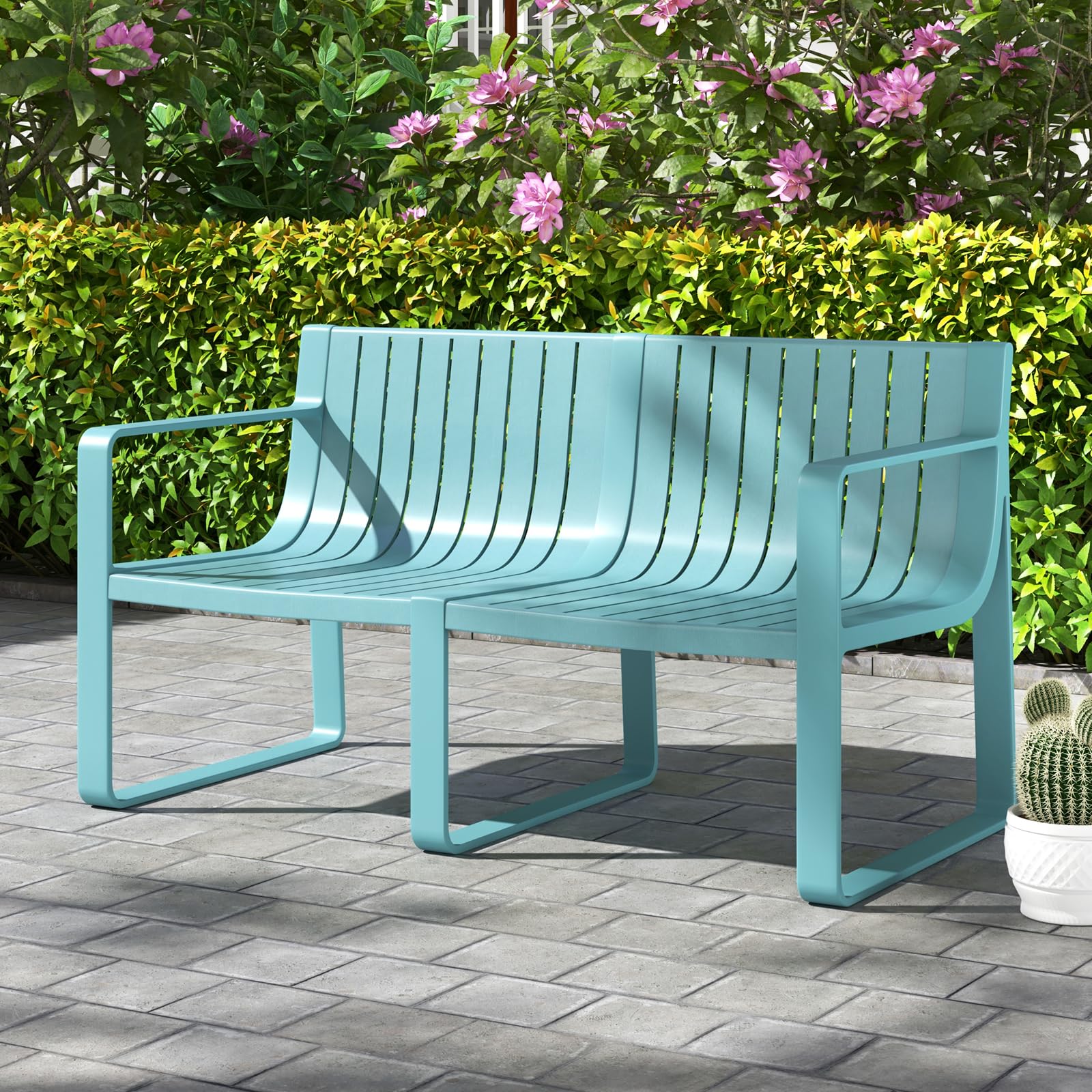 All-Weather Plastic Outdoor Patio Bench, 2-Person Garden Loveseat with Curved Backrest & Slatted Design for Backyard, Poolside, Deck
