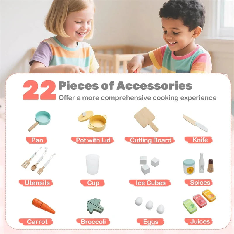 Corner Kids Kitchen Playset with Trash Can, Real Lights & Sounds, 2-Door Fridge, 22 Accessories, Wooden Pretend Play Kitchen for Toddlers 3+