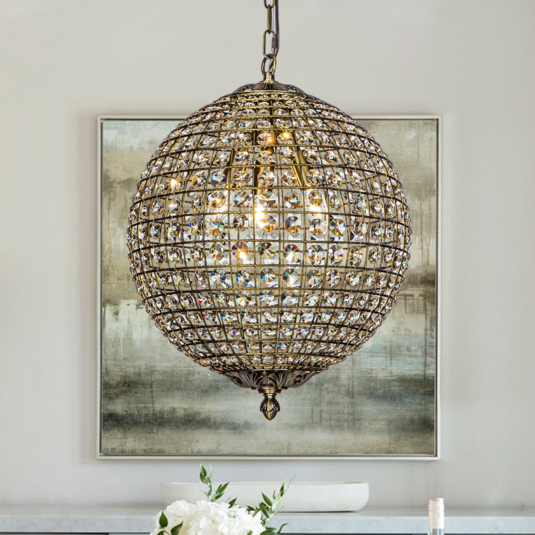 1 - Light 12" Retro Antique Gold Crystal Globe Chandelier Small Sphere Pendant Light