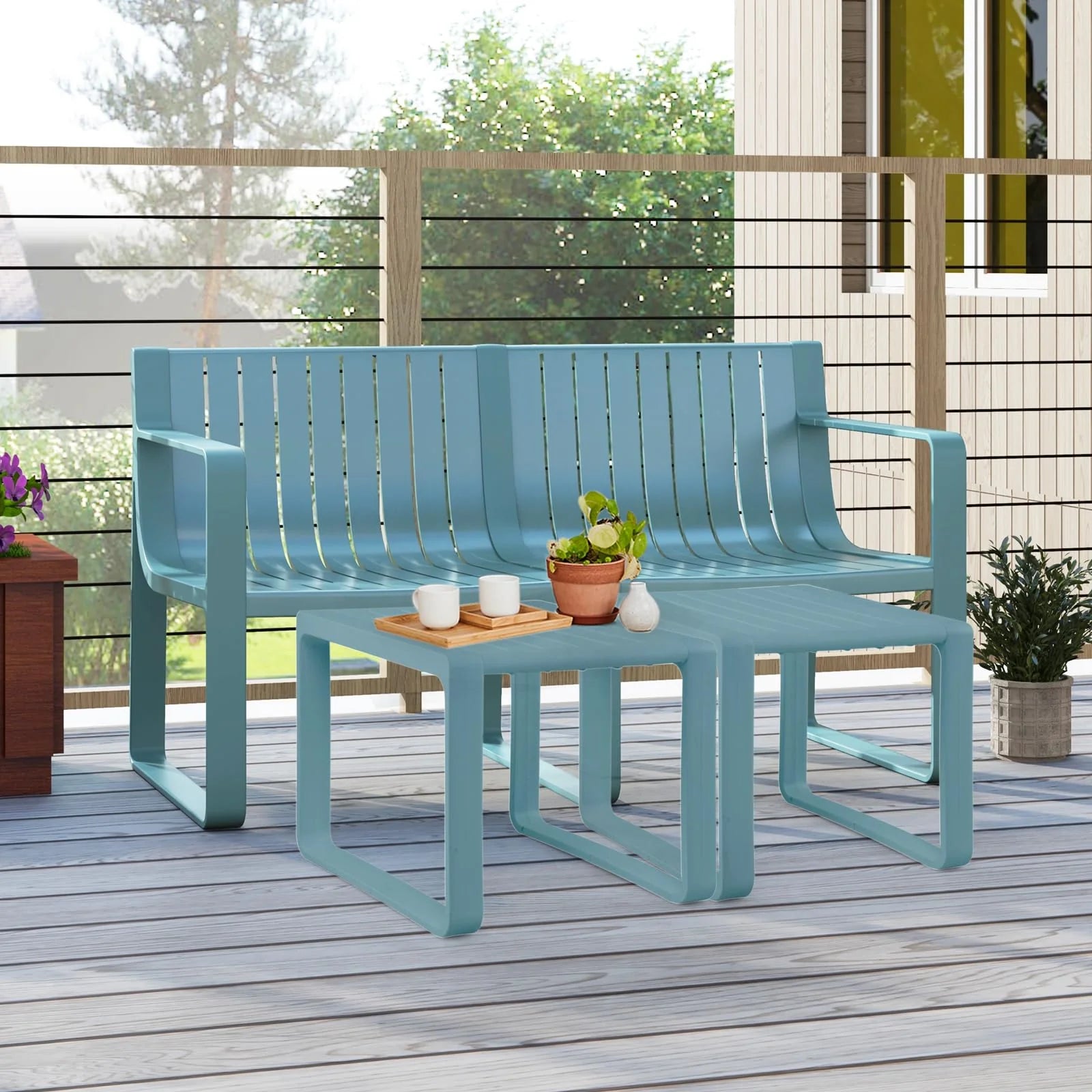 All-Weather Plastic Outdoor Patio Bench, 2-Person Garden Loveseat with Curved Backrest & Slatted Design for Backyard, Poolside, Deck