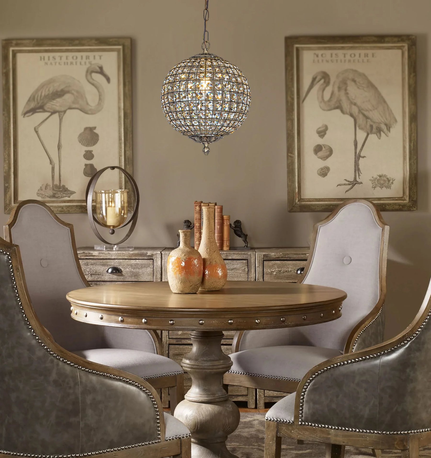 1 - Light 12" Retro Antique Gold Crystal Globe Chandelier Small Sphere Pendant Light