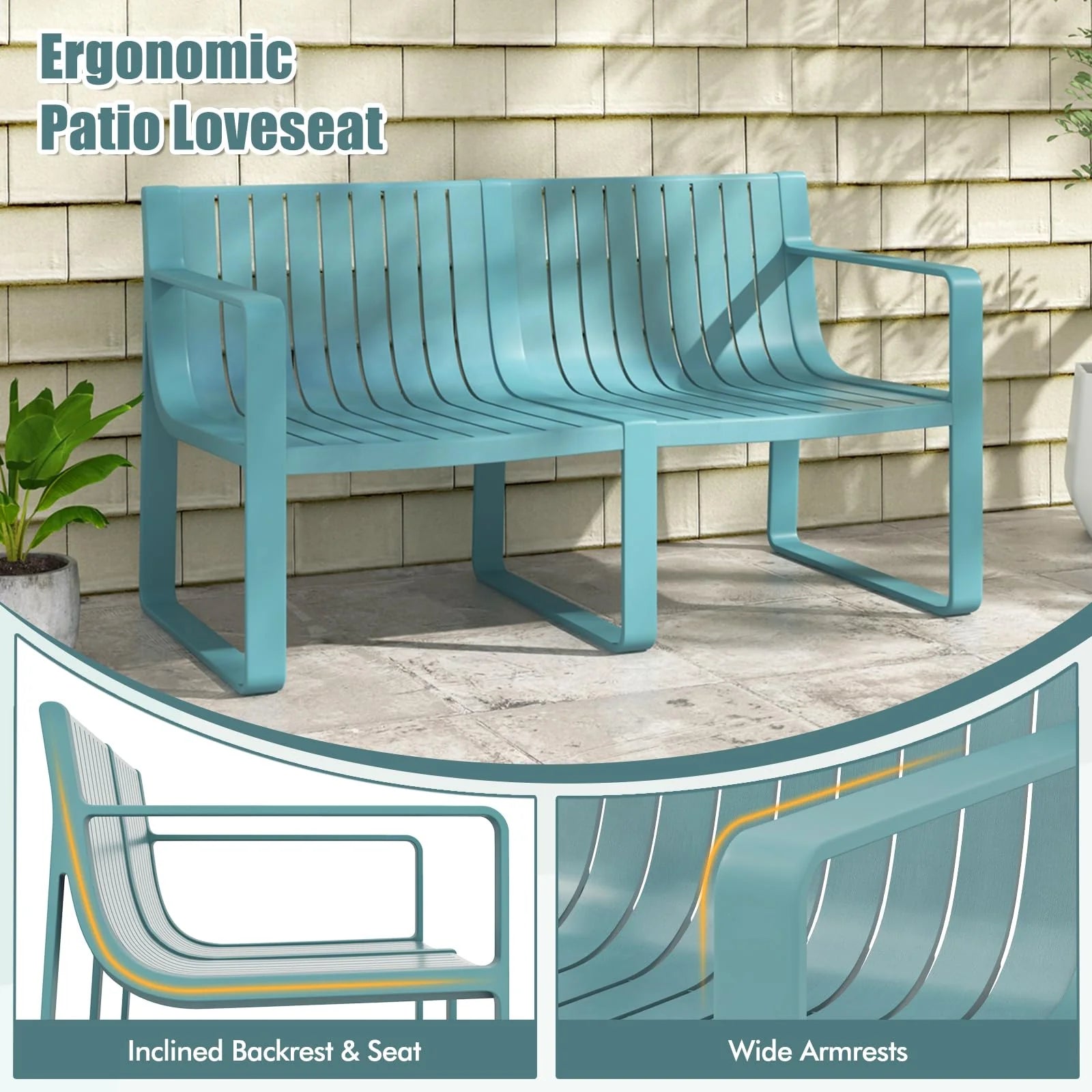 All-Weather Plastic Outdoor Patio Bench, 2-Person Garden Loveseat with Curved Backrest & Slatted Design for Backyard, Poolside, Deck