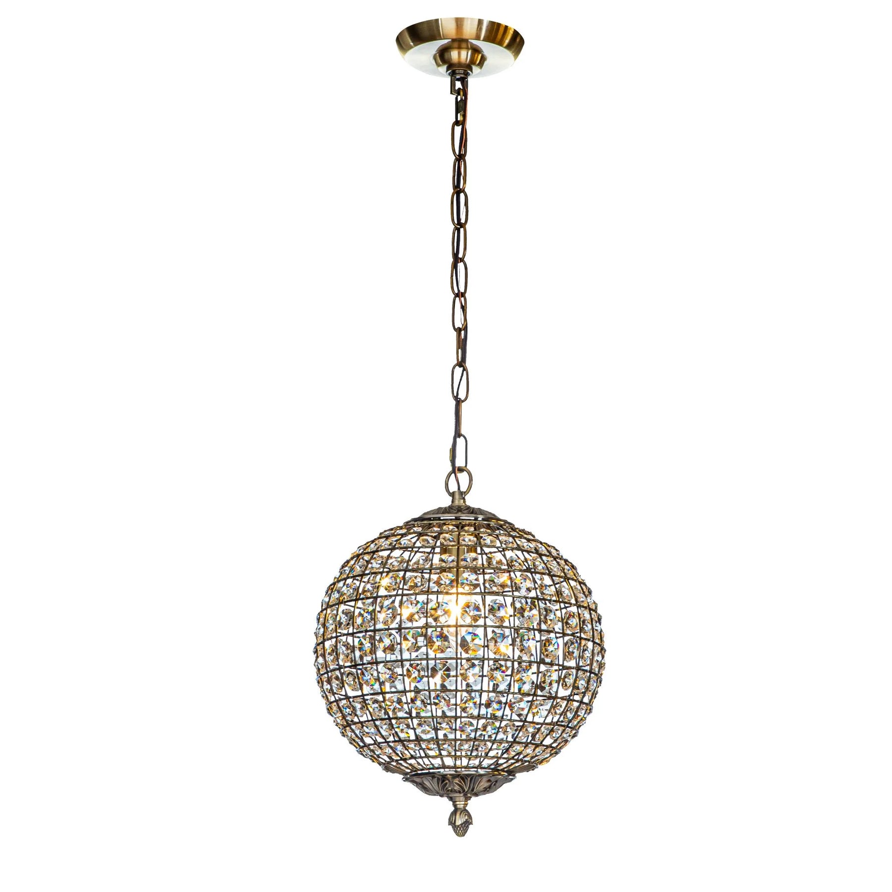 1 - Light 12" Retro Antique Gold Crystal Globe Chandelier Small Sphere Pendant Light