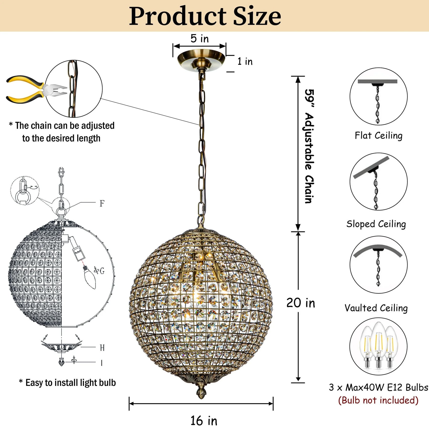 1 - Light 12" Retro Antique Gold Crystal Globe Chandelier Small Sphere Pendant Light