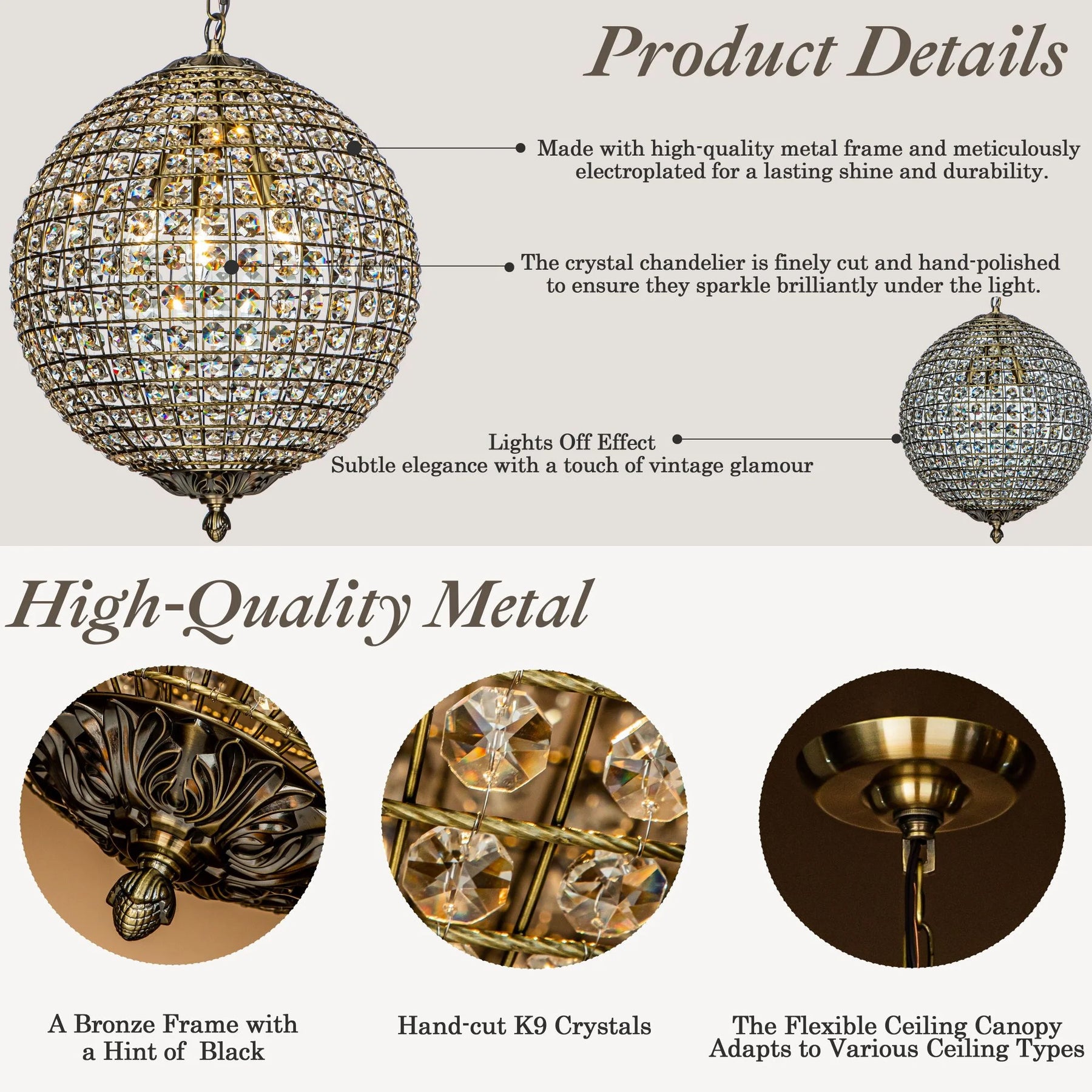 1 - Light 12" Retro Antique Gold Crystal Globe Chandelier Small Sphere Pendant Light