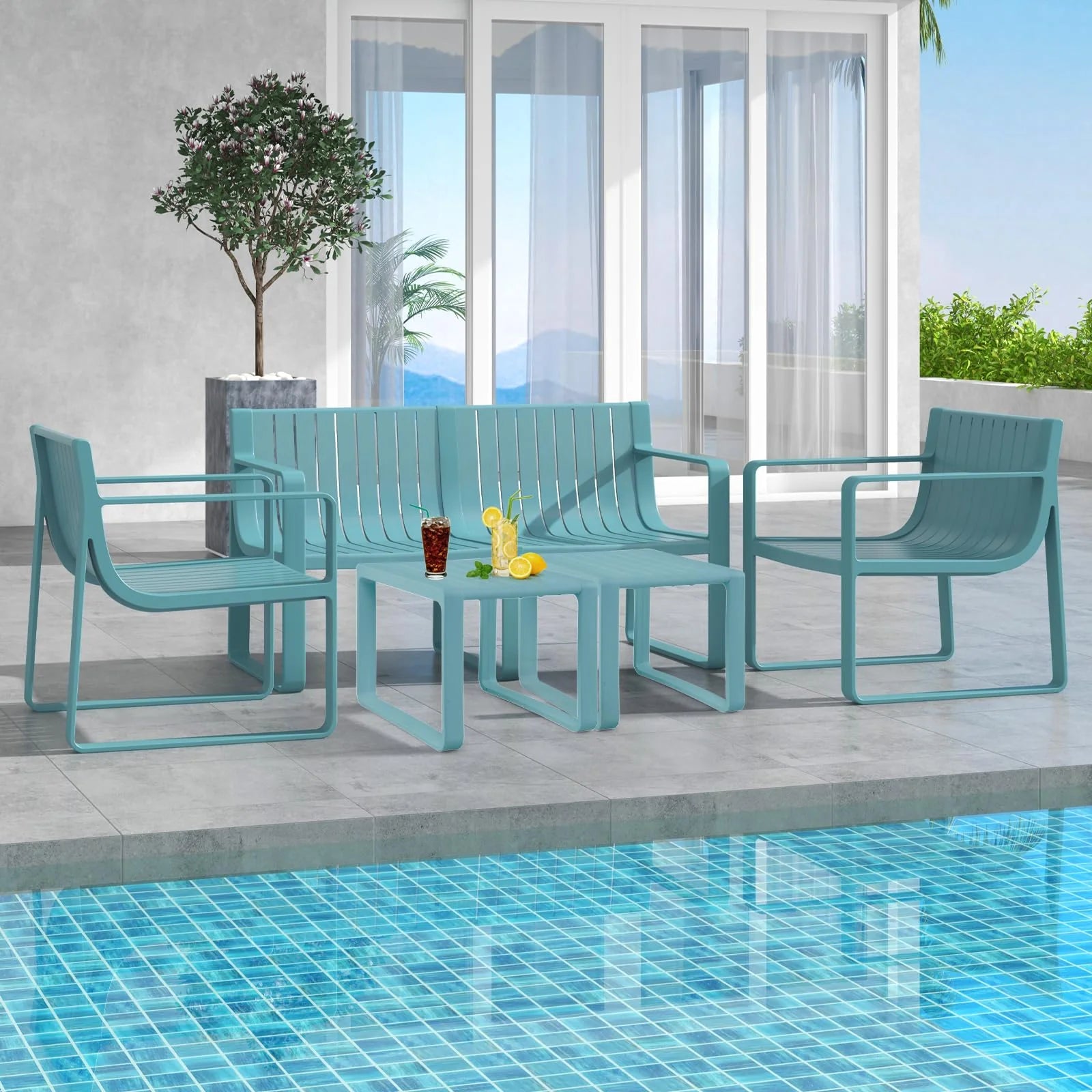 All-Weather Plastic Outdoor Patio Bench, 2-Person Garden Loveseat with Curved Backrest & Slatted Design for Backyard, Poolside, Deck