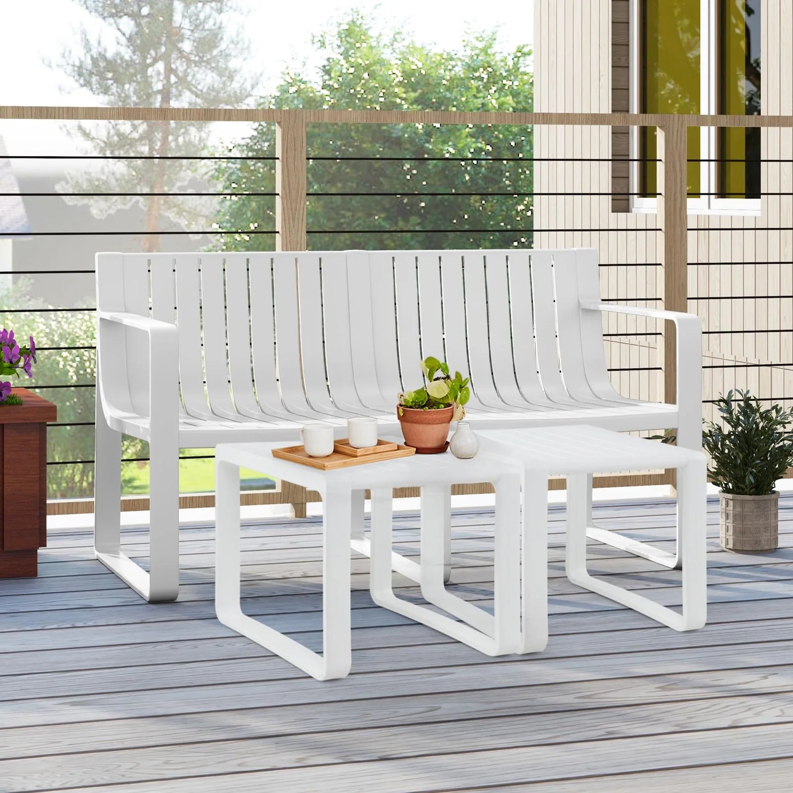 All-Weather Plastic Outdoor Patio Bench, 2-Person Garden Loveseat with Curved Backrest & Slatted Design for Backyard, Poolside, Deck