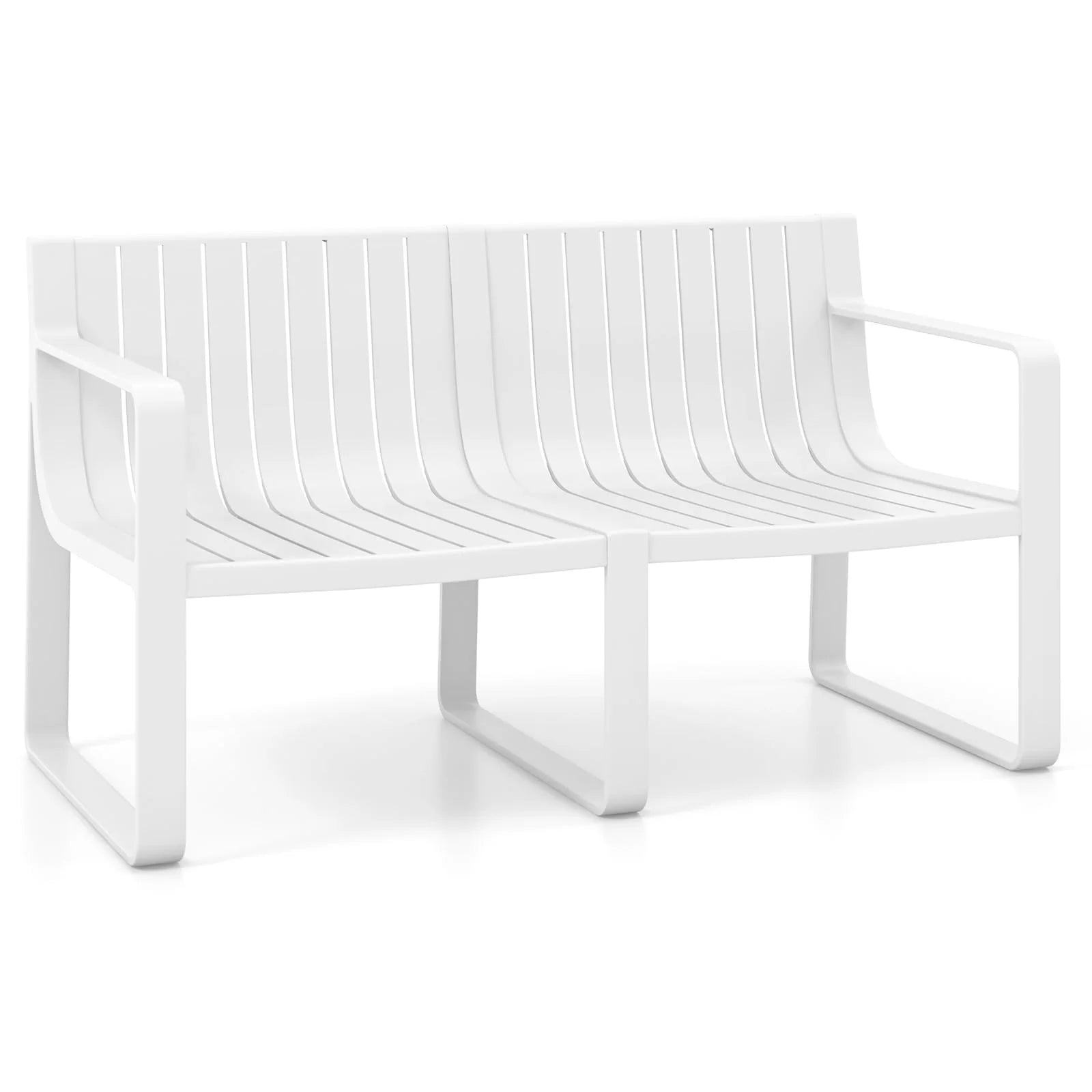 All-Weather Plastic Outdoor Patio Bench, 2-Person Garden Loveseat with Curved Backrest & Slatted Design for Backyard, Poolside, Deck