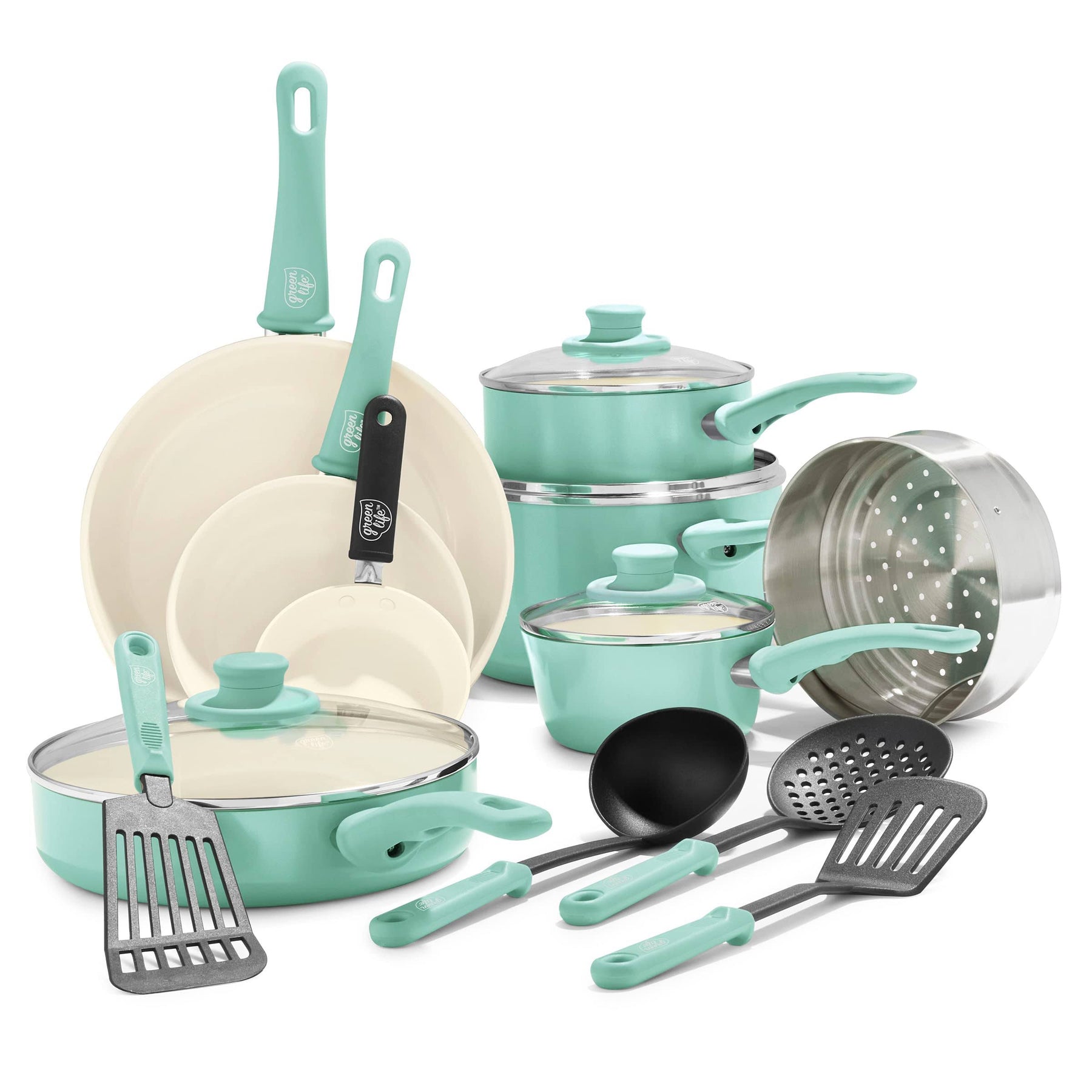 GreenLife Soft Grip 16 Piece Ceramic Non-Stick Cookware Set Turquoise