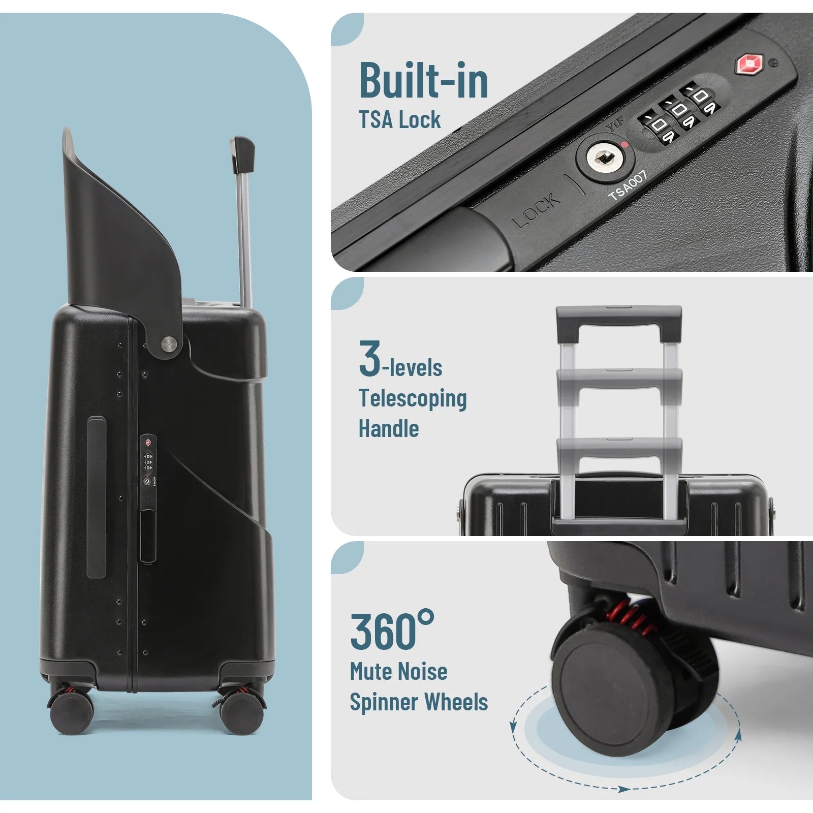 Fridtrip 20 in Carry on TSA Lock Luggage with Foldable Seat for Kids& Adult, Lockable Spinner Wheels Free Luggage Cover and Safety Seatbelt Travel Suitcase