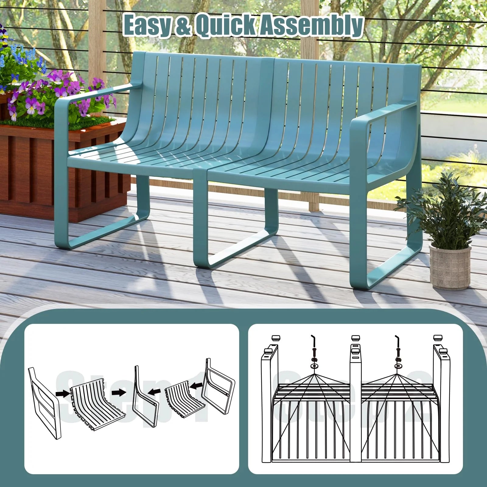 All-Weather Plastic Outdoor Patio Bench, 2-Person Garden Loveseat with Curved Backrest & Slatted Design for Backyard, Poolside, Deck