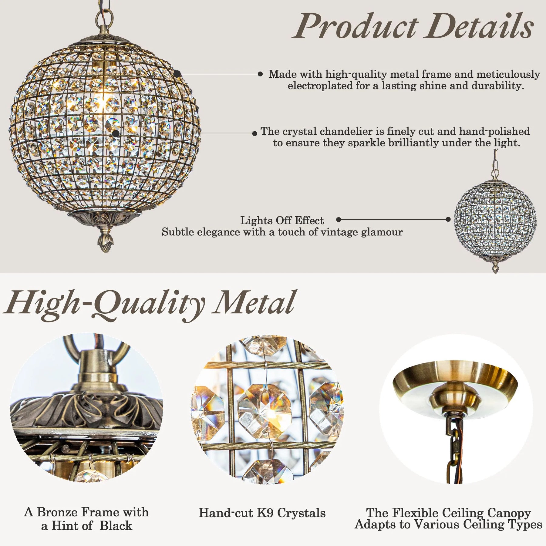 1 - Light 12" Retro Antique Gold Crystal Globe Chandelier Small Sphere Pendant Light