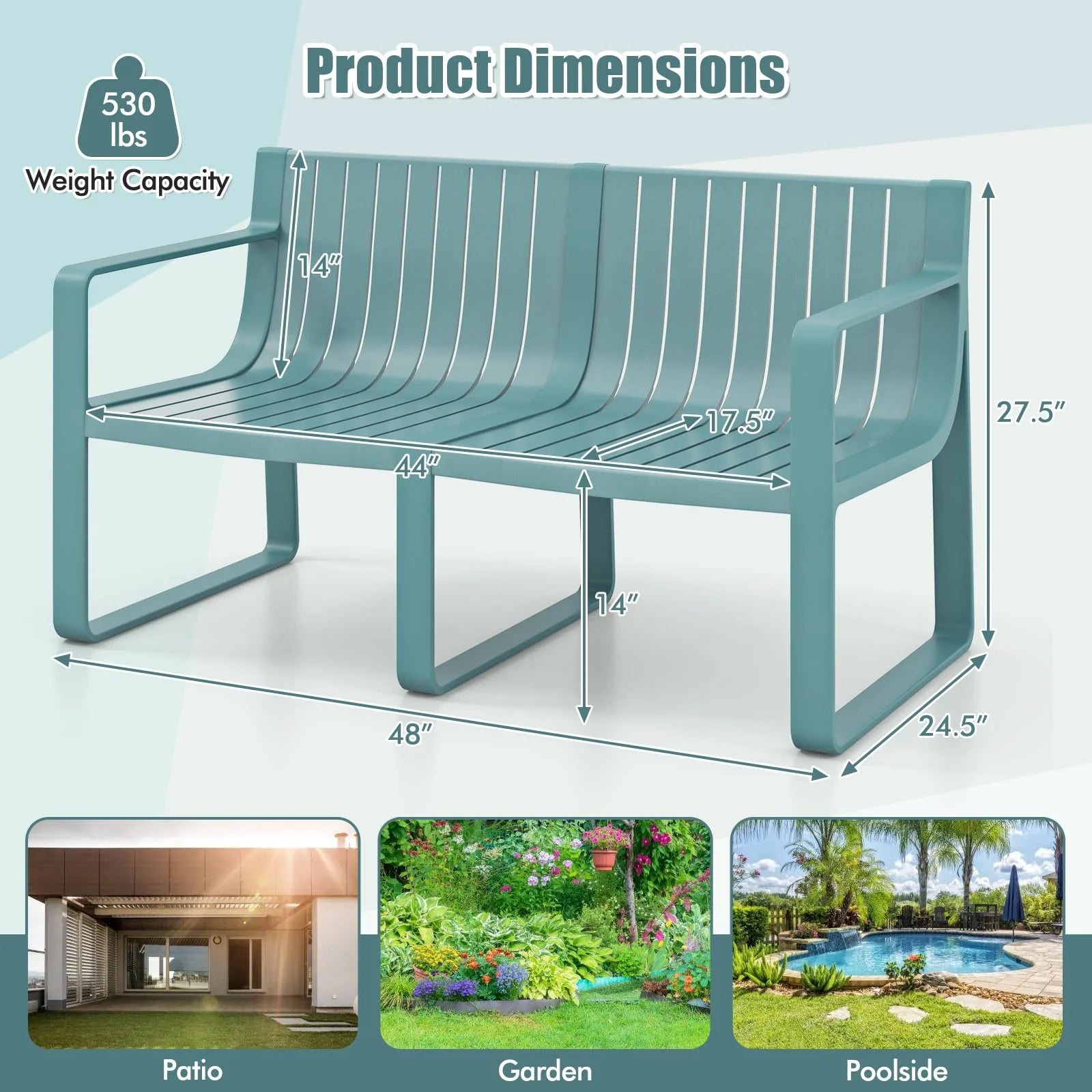 All-Weather Plastic Outdoor Patio Bench, 2-Person Garden Loveseat with Curved Backrest & Slatted Design for Backyard, Poolside, Deck