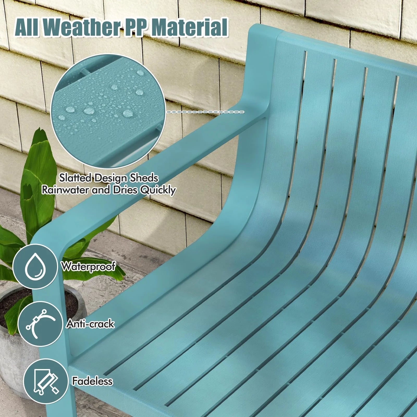 All-Weather Plastic Outdoor Patio Bench, 2-Person Garden Loveseat with Curved Backrest & Slatted Design for Backyard, Poolside, Deck