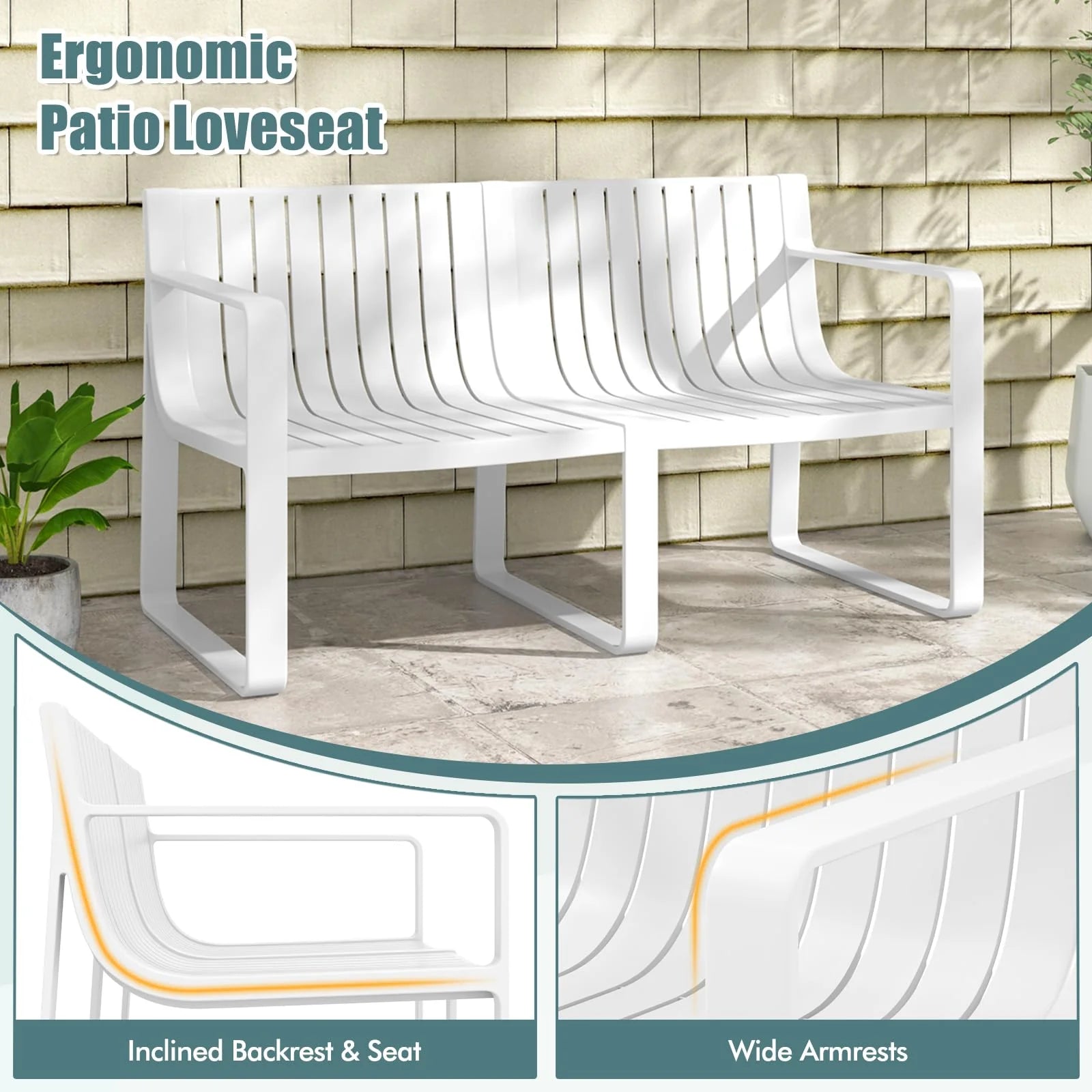 All-Weather Plastic Outdoor Patio Bench, 2-Person Garden Loveseat with Curved Backrest & Slatted Design for Backyard, Poolside, Deck