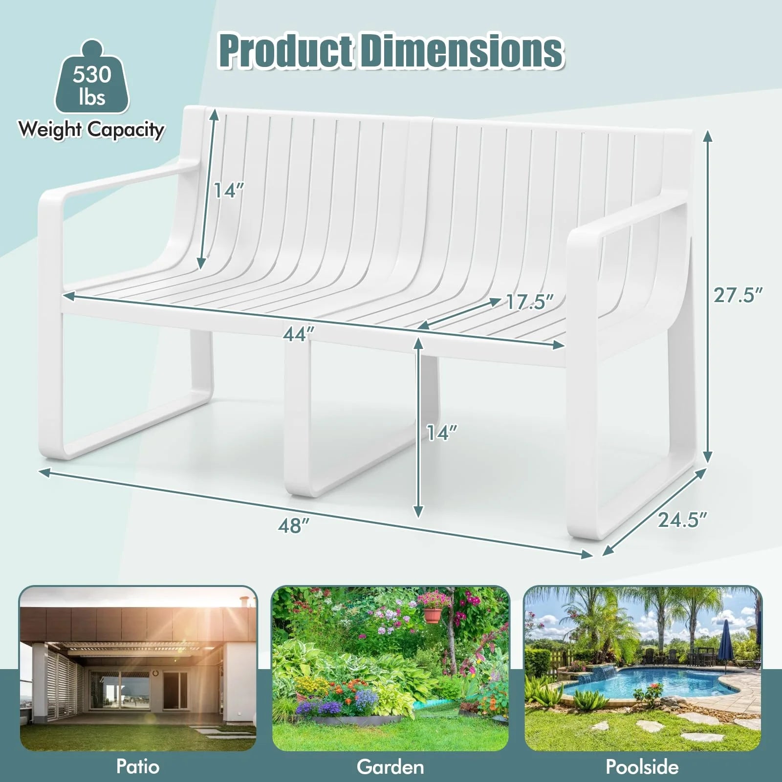 All-Weather Plastic Outdoor Patio Bench, 2-Person Garden Loveseat with Curved Backrest & Slatted Design for Backyard, Poolside, Deck