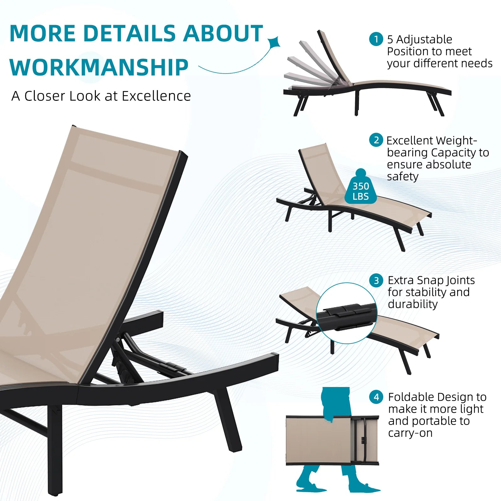 AECOJOY Outdoor Chaise Lounge, All Weather Pool Lounge Chairs Ergonomic Design (Beige, 2 PCs)