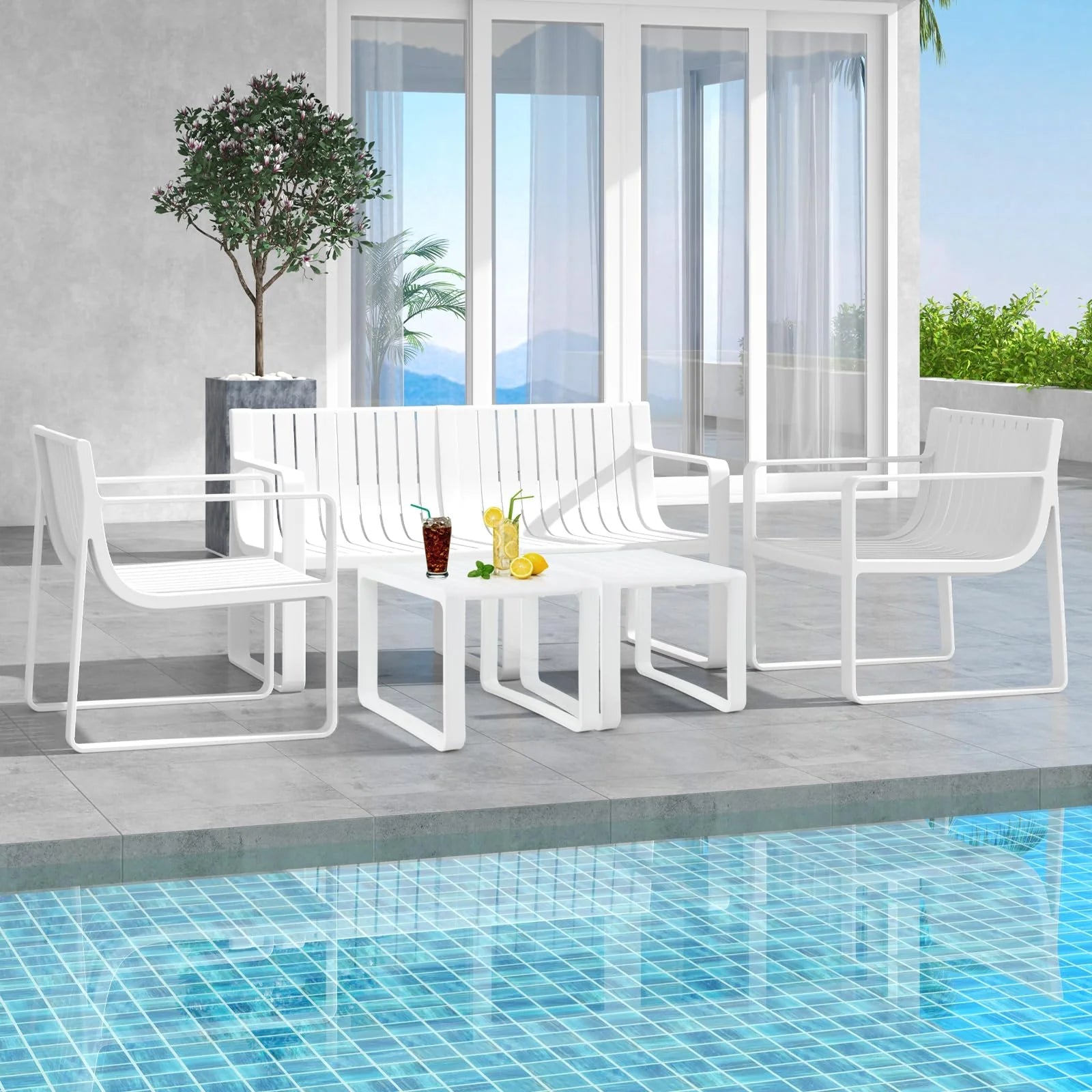 All-Weather Plastic Outdoor Patio Bench, 2-Person Garden Loveseat with Curved Backrest & Slatted Design for Backyard, Poolside, Deck